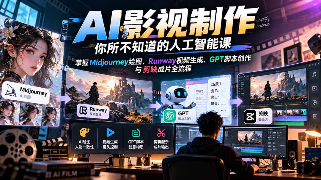 【无水印】AI影视制作-你所不知道的人工智能课，掌握Midjourney绘图、Runway视频生成、GPT脚本创作与剪映成片全流程-鼎铸网