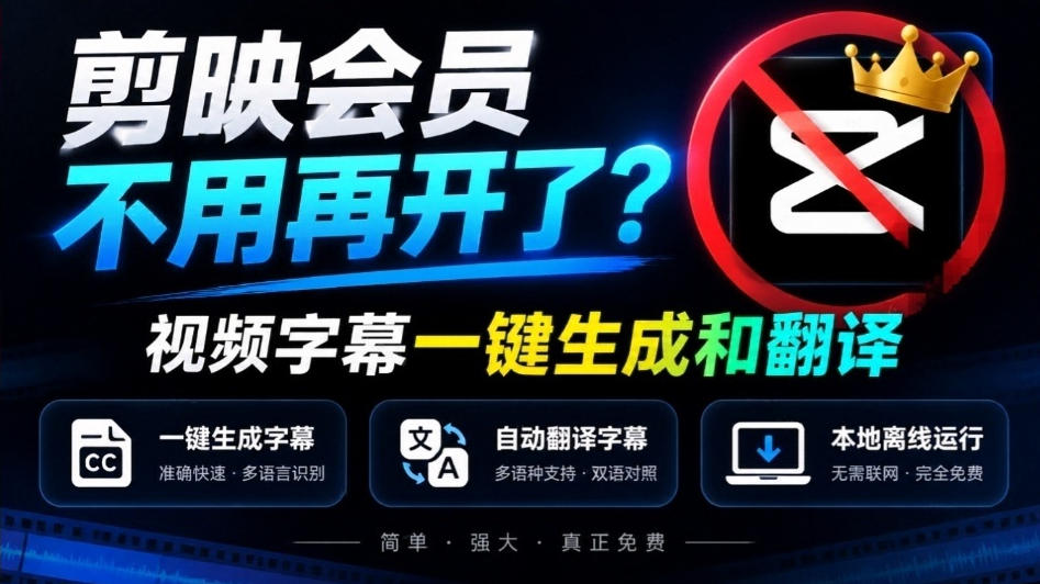 剪映会员不用再开了？视频字幕一键生成加翻译，本地离线运行，完全免费，超快速高精度，字幕大师-鼎铸网