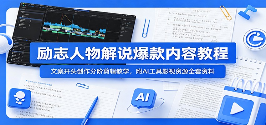 励志人物解说爆款内容教程：文案开头创作分阶剪辑教学，附AI 工具影视资源全套资料-鼎铸网