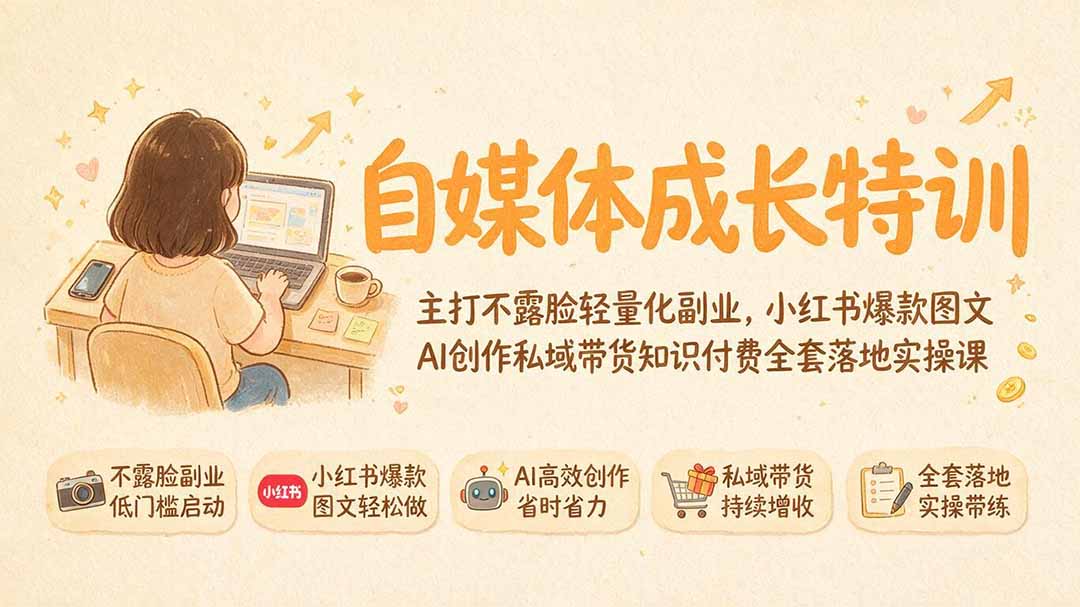 adb91a0b23f526cc151090ffe8ba56d1.jpeg 自媒体成长特训|主打不露脸轻量化副业,小红书爆款图文AI创作私域带货知识付费全套落地实操课
