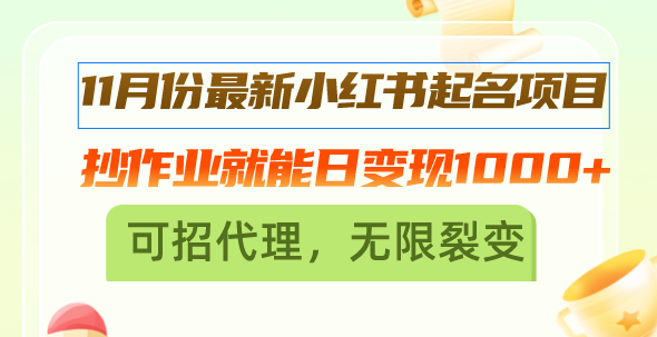 11月份最新小红书起名项目，抄作业就能日变现1000+，可招代理，无限裂变-鼎铸网