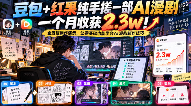 豆包+红果纯手搓一部AI漫剧一个月收获2.3w！全流程操作演示，让零基础也能学会AI漫剧制作技巧-鼎铸网