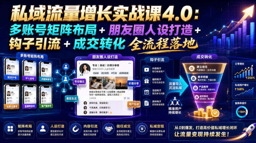 私域流量增长实战课4.0:多账号矩阵布局+朋友圈人设打造+钩子引流+成交转化全流程落地-鼎铸网