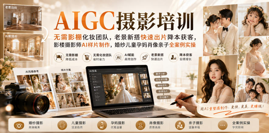 af722042cae5ee320cf8fd8e1386da66.jpeg AIGC摄影培训|无需影棚化妆团队,老景新搭快速出片降本获客,影楼摄影师AI样片制作,婚纱儿童孕妈肖像亲子全案例实操