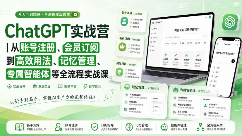 af8c2a7b72575ba6f1c885446599d8ee.jpeg ChatGPT实战营|从账号注册、会员订阅到高效用法、记忆管理、专属智能体等全流程实战课