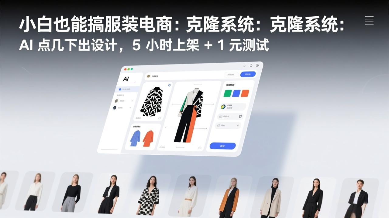 afdbf1b32dd3720c5eae5fad8a6ccd58.jpeg 小白也能搞服装电商:克隆系统:AI 点几下出设计,5 小时上架 + 1 元测试