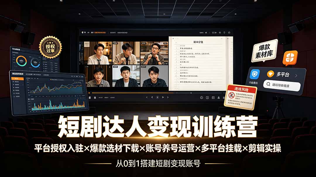 短剧达人变现训练营:平台授权入驻×爆款选材下载×账号养号运营×多平台挂载×剪辑实操×违规处理全流程-鼎铸网