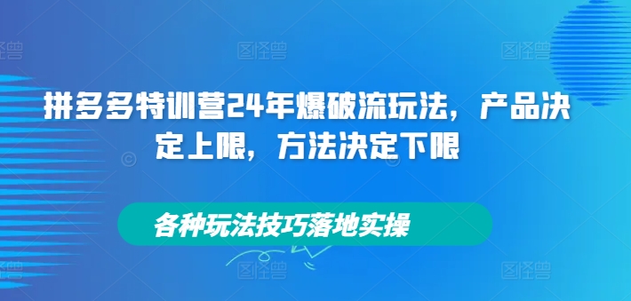 b02a21a4ffca212dbedc950fc2f0758c.jpeg 拼多多特训营24年爆破流玩法,产品决定上限,方法决定下限,各种玩法技巧落地实操