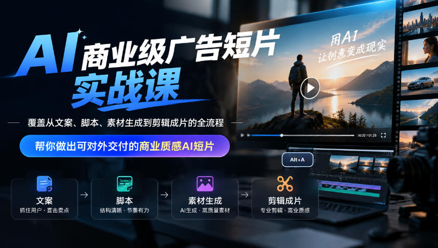 b03d70d50a49f5fbc2c2723848ece13c.jpeg AI商业级广告短片实战课,覆盖从文案、脚本、素材生成到剪辑成片的全流程,帮你做出可对外交付的商业质感AI短片