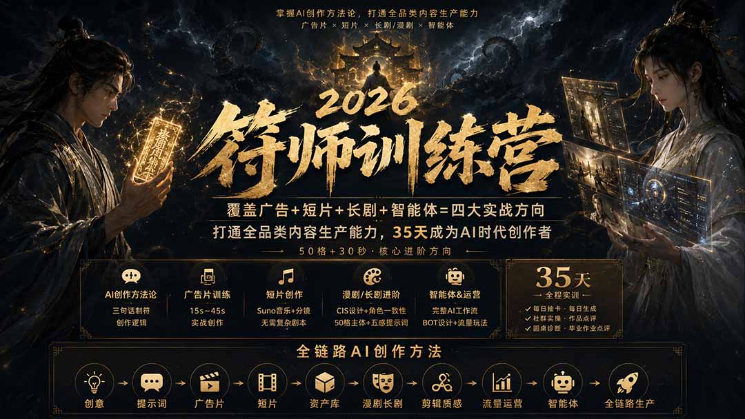 b0f26685cd5e21da56421135d4f0ee77.jpeg 符师训练营-35天成为AI时代创作者,广告+短片+漫剧+智能体四大实战方向,掌握从创意到上线的完整工作流