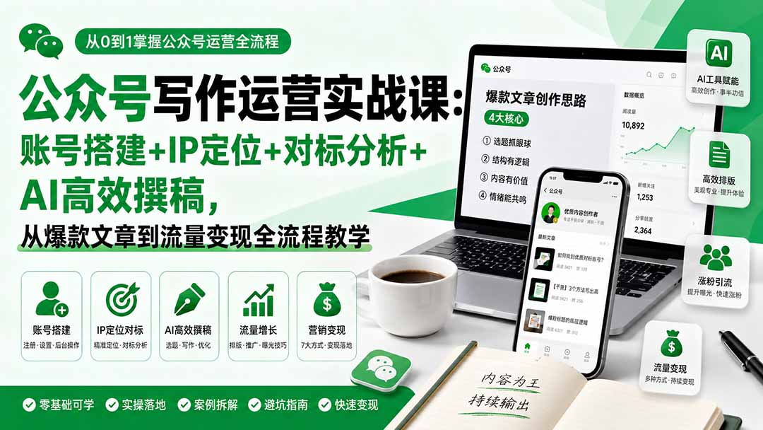 公众号写作运营实战课：账号搭建+IP定位+对标分析+AI高效撰稿，从爆款文章到流量变现全流程教学-鼎铸网