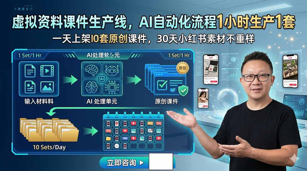 虚拟资料课件生产线，AI自动化流程1小时生产1套，一天上架10套原创课件，30天小红书素材不重样-鼎铸网