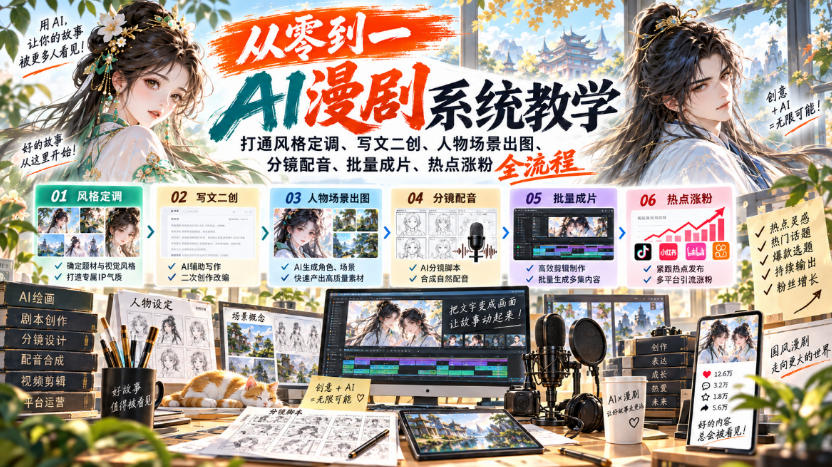 b16b1e4ebbc825b40d38fb13ca0000ec.jpeg 从零到一AI漫剧系统教学,打通风格定调、写文二创、人物场景出图、分镜配音、批量成片、热点涨粉全流程