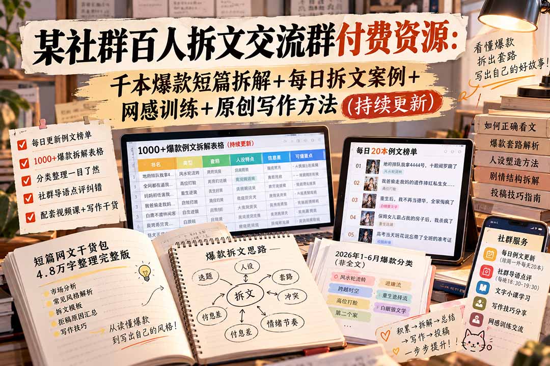 b20390abfde816176d5b8bbc7c6e66ea.jpeg 某社群百人拆文交流群付费资源-更新0929:千本爆款短篇拆解+每日拆文案例+网感训练+原创写作方法