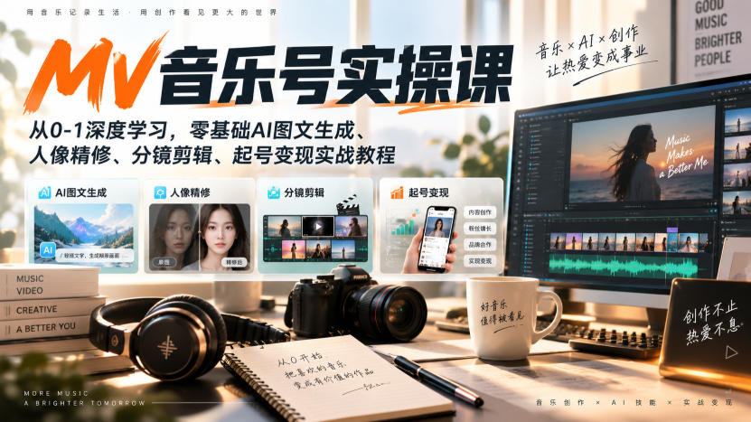 b216b44308b5a6906d4e3cc774709744.jpeg AI MV音乐号实操课,从0-1深度学习,零基础AI图文生成、人像精修、分镜剪辑、起号变现实战教程