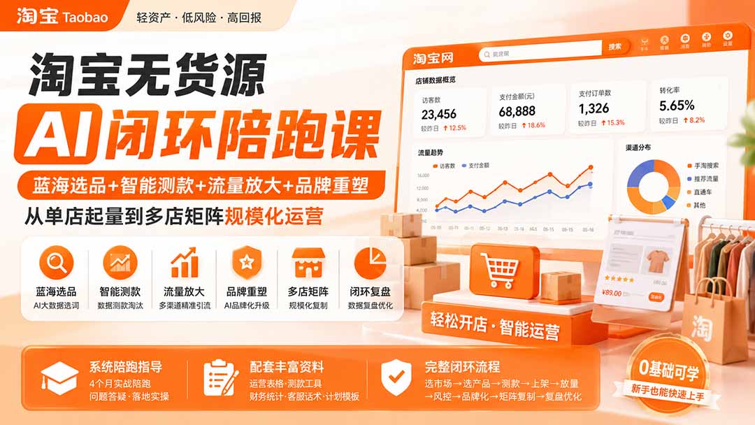 淘宝无货源AI闭环陪跑课：蓝海选品+智能测款+流量放大+品牌重塑，从单店起量到多店矩阵规模化运营-鼎铸网