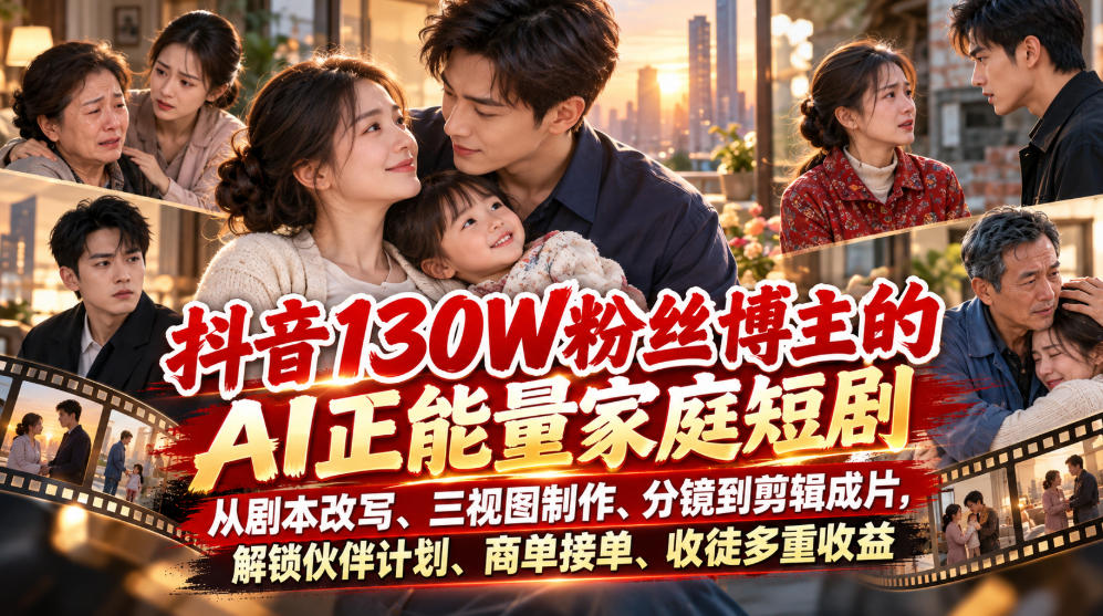 b2bbbd21cca0f3a80df22be471562248.jpeg 抖音130W粉丝博主的AI正能量家庭短剧,从剧本改写、三视图制作、分镜到剪辑成片,解锁伙伴计划、商单接单、收徒多重收益