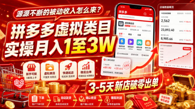 源源不断的被动收入怎么来？拼多多虚拟类目实操月入1至3W，3-5天新店破零出单-鼎铸网