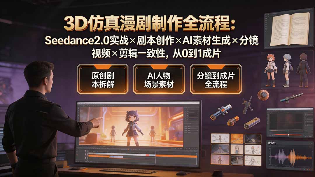 b2c31f5070a38d76e2673b35a6036066.jpeg 3D仿真漫剧制作全流程:Seedance2.0实战×剧本创作×AI素材生成×分镜视频×剪辑一致性,从0到1成片