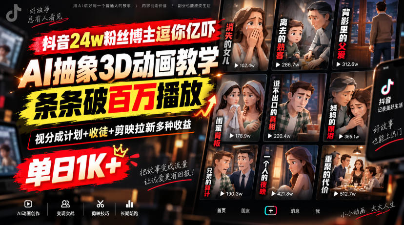 b35cda56dca6327ac6fe3f6d14939b73.jpeg 抖音24w粉丝博主逗你亿吓AI抽象3D动画教学,条条破百万播放,分成计划+收徒+剪映拉新多种收益,单日1K+