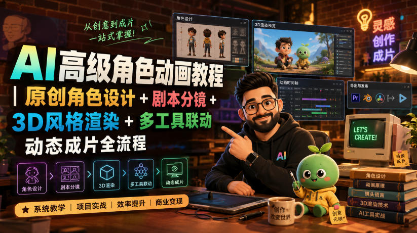 AI高级角色动画教程｜原创角色设计+剧本分镜+3D风格渲染+多工具联动动态成片全流程【中英字幕】-鼎铸网