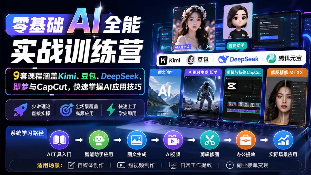 零基础AI全能实战训练营：9套课程涵盖Kimi、豆包、DeepSeek、即梦与CapCut，快速掌握AI应用技巧-鼎铸网
