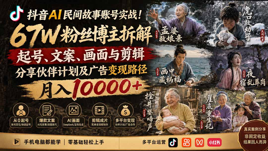 b37a742f60a4fd2c00dbe2e1f2626276.jpeg 抖音AI民间故事账号实战!67W粉丝博主拆解起号、文案、画面与剪辑,分享伙伴计划及广告变现路径,月入10000+