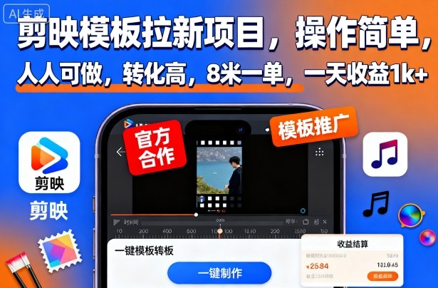 剪映模板拉新项目，操作简单，人人可做，转化高，8米一单，一天收益1k+-鼎铸网