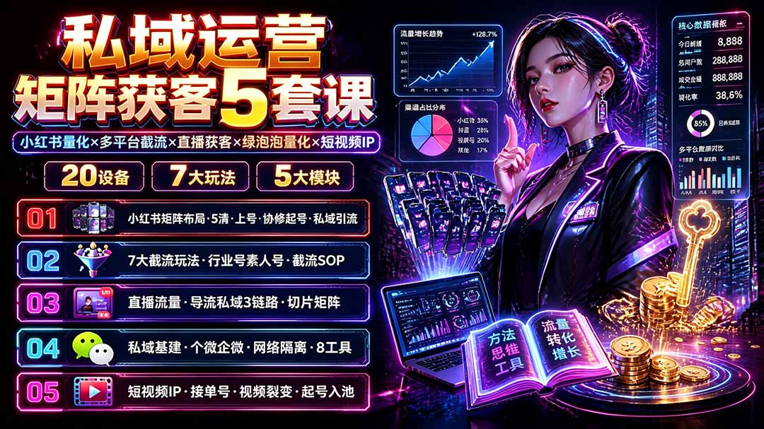 私域运营矩阵获客5套课:小红书量化×多平台截流×直播获客×绿泡泡量化×短视频IP×20设备×7大玩法-鼎铸网