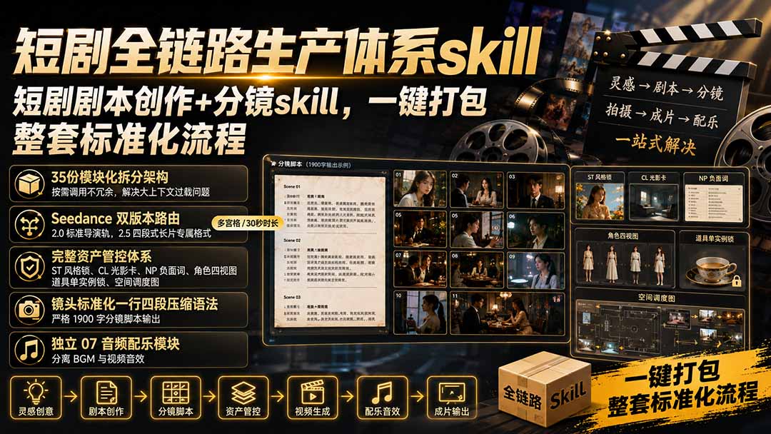 短剧全链路生产体系skill，短剧剧本创作+分镜skill，一键打包，整套标准化流程-鼎铸网