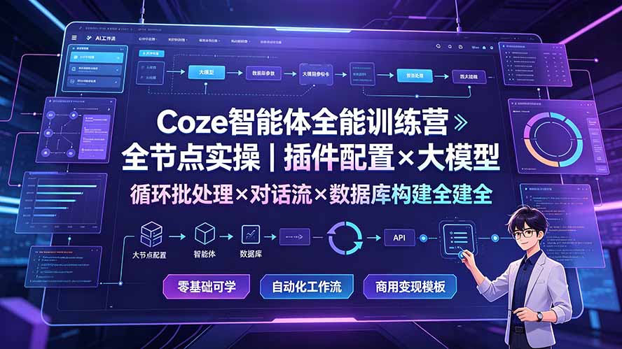 b4a8db97f3d803b2997df4d0c8cdc398.jpeg Coze智能体全能训练营:全节点实操|插件配置×大模型×循环批处理×对话流×数据库构建全教学