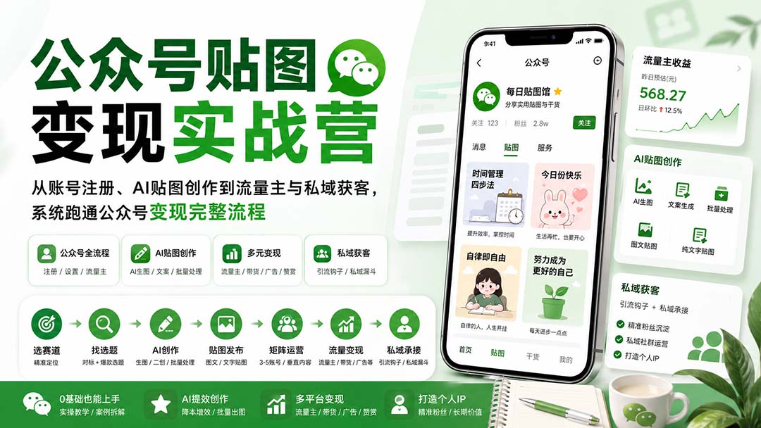 b4f87e116d17c3bd627e512270347792.jpeg 公众号贴图变现实战营:从账号注册、AI贴图创作到流量主与私域获客,系统跑通公众号变现完整流程