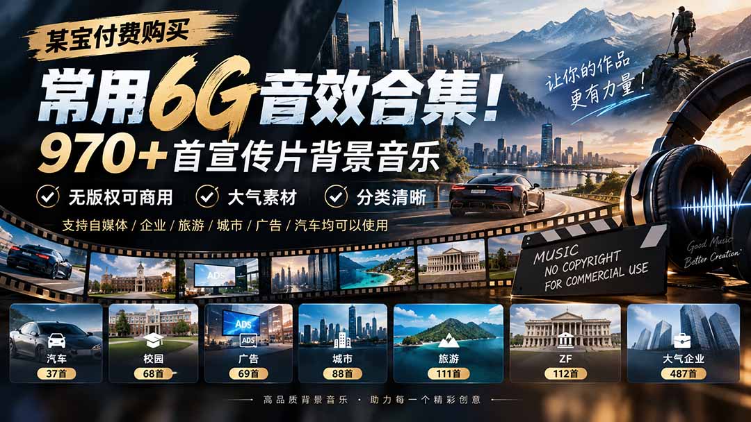 某宝付费购买,常用6G音效合集!970+首宣传片背景音乐,无版权可商用大气素材,分类清晰-鼎铸网