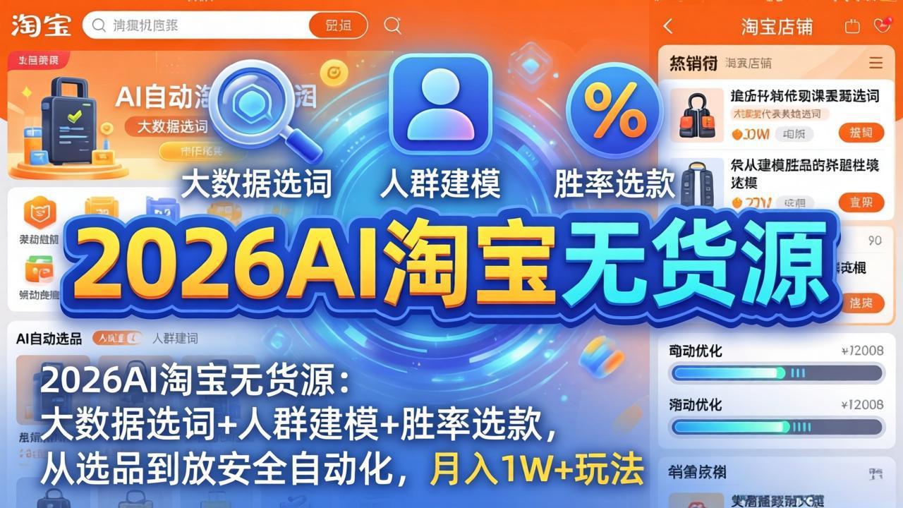 2026AI淘宝无货源：大数据选词+人群建模+胜率选款，从选品到放大全自动化，月入1W+玩法-鼎铸网