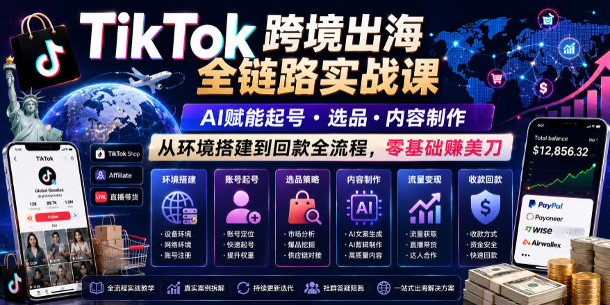 b5a97e5a8835af7ce5c60ee0b8237fe9.jpeg TikTok跨境出海全链路实战课,AI赋能起号・选品・内容制作,从环境搭建到回款全流程,零基础賺美刀