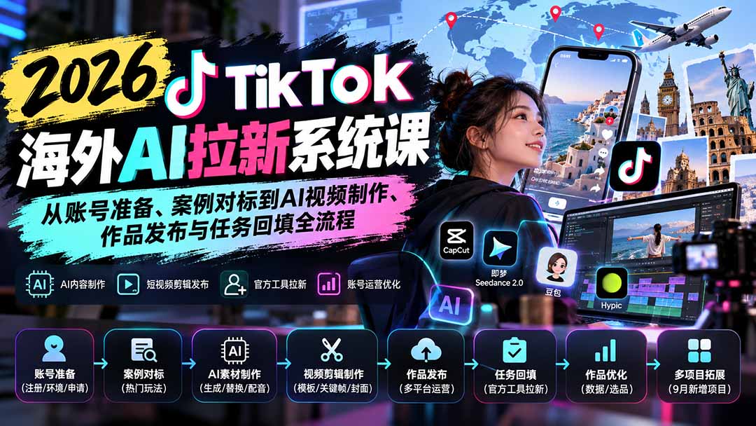 b61246c6a822c82ad3a72bbccdcf8121.jpeg 【无水印】2026 TikTok海外AI拉新系统课:从账号准备、案例对标到AI视频制作、作品发布与任务回填全流程