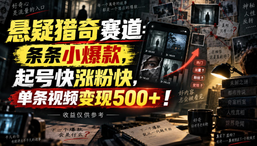 悬疑猎奇赛道:条条小爆款,起号快涨粉快,单条视频变现500+!收益仅供参考-鼎铸网