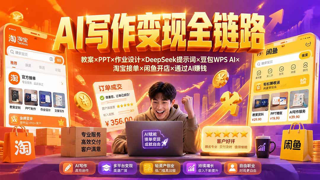 b6baa1997071b8e63f10dac59111590e.jpeg 2026AI写作变现全链路:教案×PPT×作业设计×DeepSeek提示词×豆包WPS AI×淘宝接单×闲鱼开店×通过AI賺钱