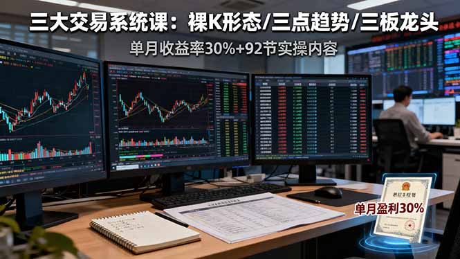b6e1b48d88b2535b4dd97c7cb20d46b9.jpeg 三大交易系统课:裸K形态/三点趋势/三板体系,单月收益率30%+92节实操内容