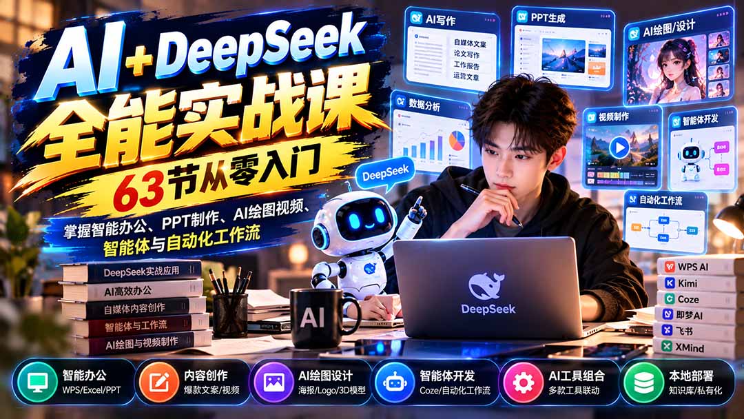 b73cc847bc70ce400a70b8069e12e00d.jpeg AI+DeepSeek全能实战课:63节从零入门,掌握智能办公、PPT制作、AI绘图视频、智能体与自动化工作流