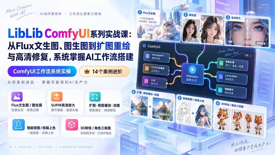 b744864d6e906e6eb8f2316d60686dfe.jpeg LibLib ComfyUI系列实战课:从Flux文生图、图生图到扩图重绘与高清修复,系统掌握AI工作流搭建