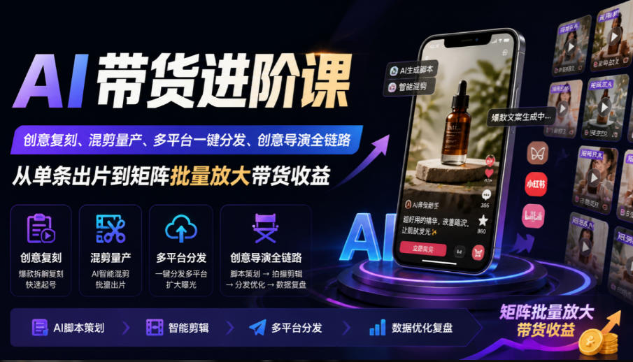 AI带货进阶课｜创意复刻、混剪量产、多平台一键分发、创意导演全链路，从单条出片到矩阵批量放大带货收益-鼎铸网