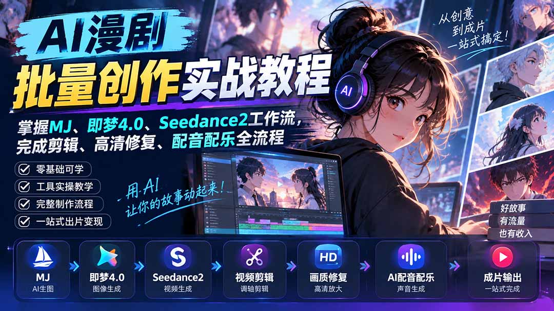 b7e9da58bf5aa8baeae78e975feae7f8.jpeg AI漫剧批量创作实战教程:掌握MJ、即梦4.0、Seedance2工作流,完成剪辑、高清修复、配音配乐全流程