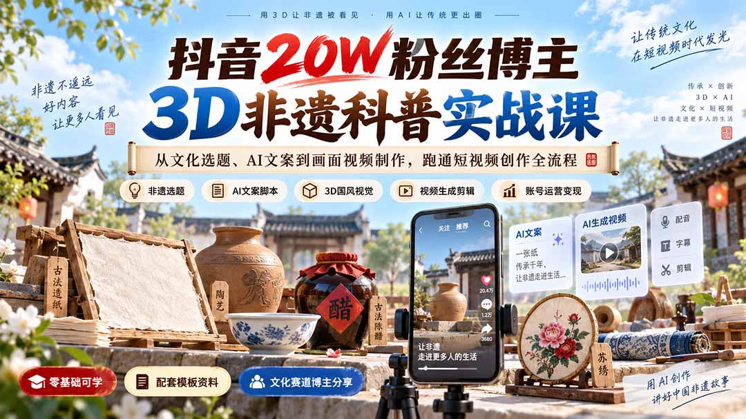 抖音20W粉丝博主3D非遗科普实战课：从文化选题、AI文案到画面视频制作，跑通短视频创作全流程-鼎铸网