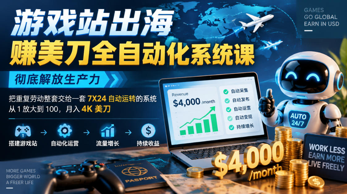 游戏站出海賺美刀全自动化系统课，彻底解放生产力–把重复劳动整套交给一套7X24自动运转的系统，从1放大到100，月入4K美刀-鼎铸网
