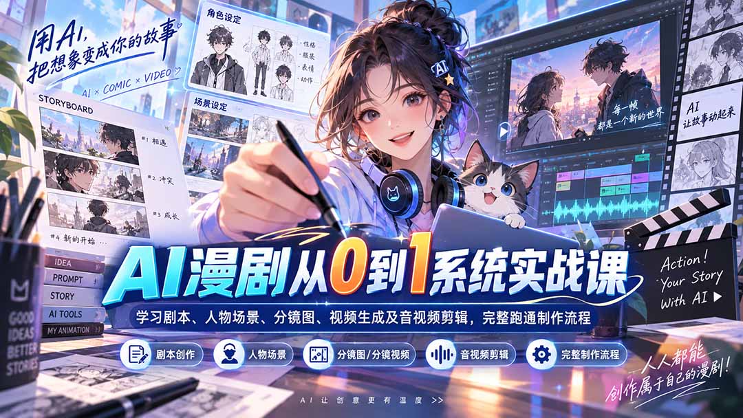 b87951fa98f87fa20df326c49b259e9b.jpeg AI漫剧从0到1系统实战课:学习剧本、人物场景、分镜图、视频生成及音视频剪辑,完整跑通制作流程