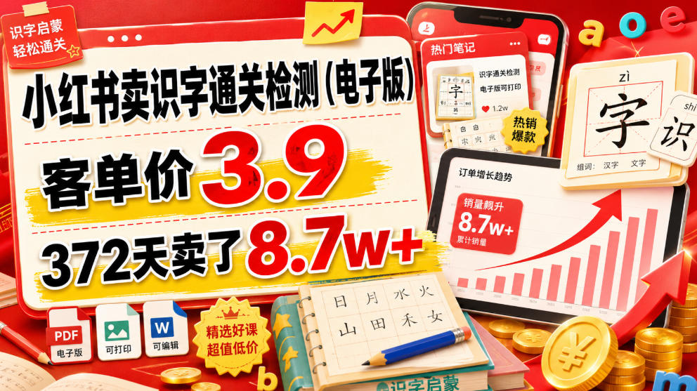 小红书卖识字通关检测(电子版),客单价3.9,372天卖了8.7w+-鼎铸网