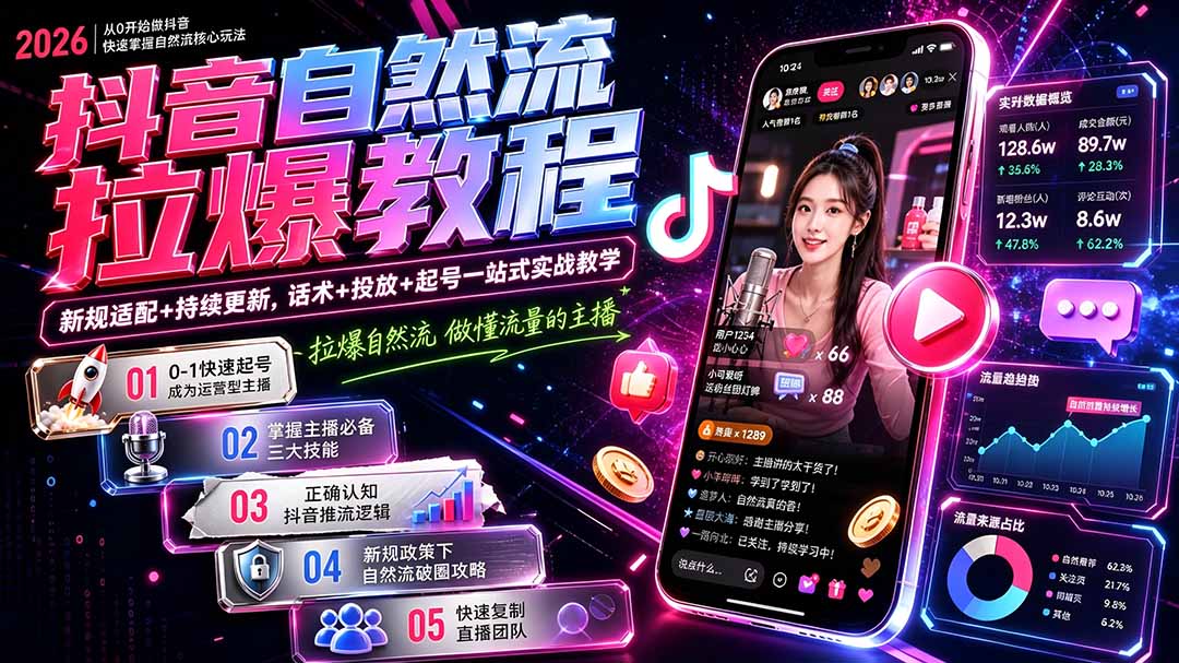 抖音自然流拉爆教程-更新8月：做懂流量的主播，新规适配+持续更新，话术+投放+起号一站式实战教学