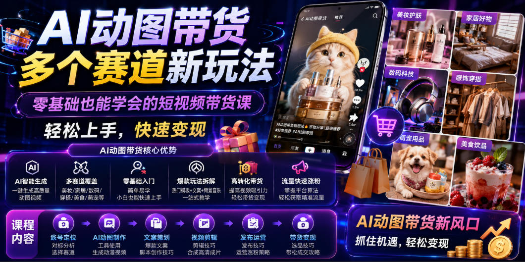 ba251d718f51d85698e05d2c9553d1c9.jpeg AI动图带货多个赛道新玩法,零基础也能学会的短视频带货课,轻松上手,快速变现