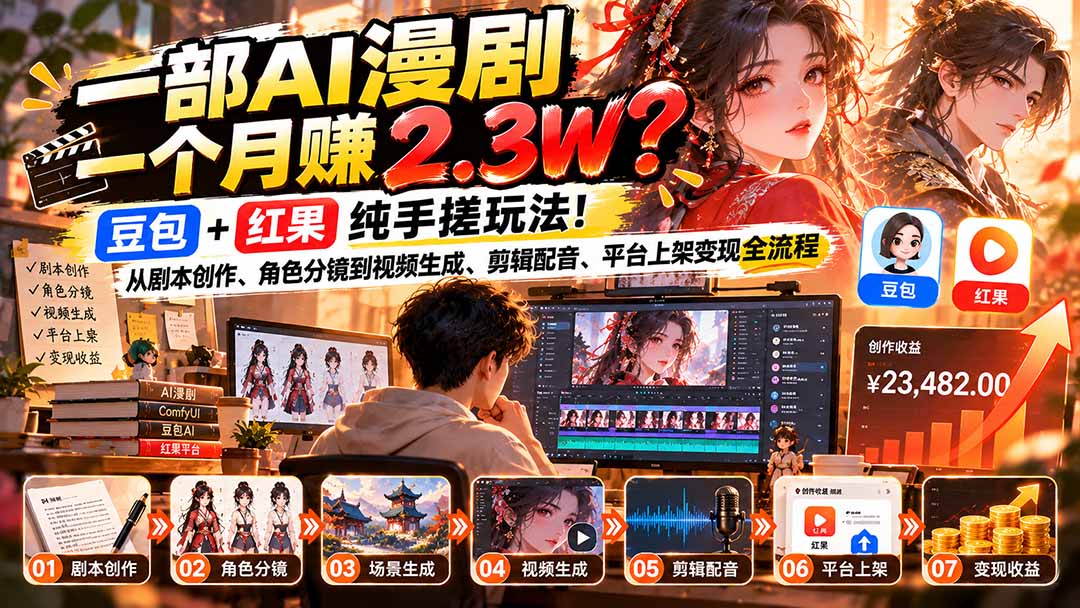 ba8e2e6ffff817c57ae7a659f203cd80.jpeg 一部AI漫剧一个月赚2.3W?豆包+红果纯手搓玩法!从剧本创作、角色分镜到视频生成、剪辑配音、平台上架变现全流程